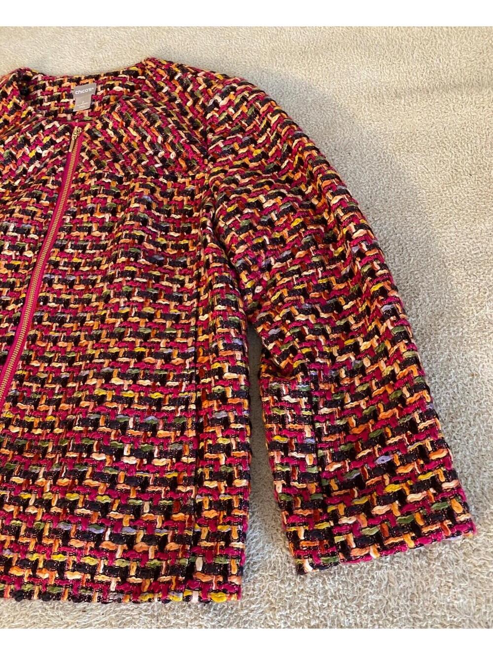 Chico's Chunky Woven Fabric Colorful Tweed Jacket Lined Zip Women's 12/14 L Boho - Picture 3 of 15